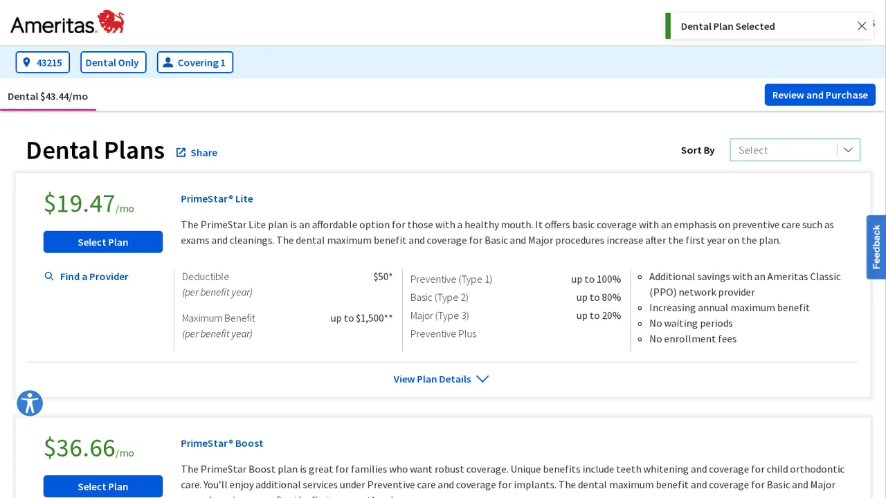 Select your plan (Ameritas website screenshot)