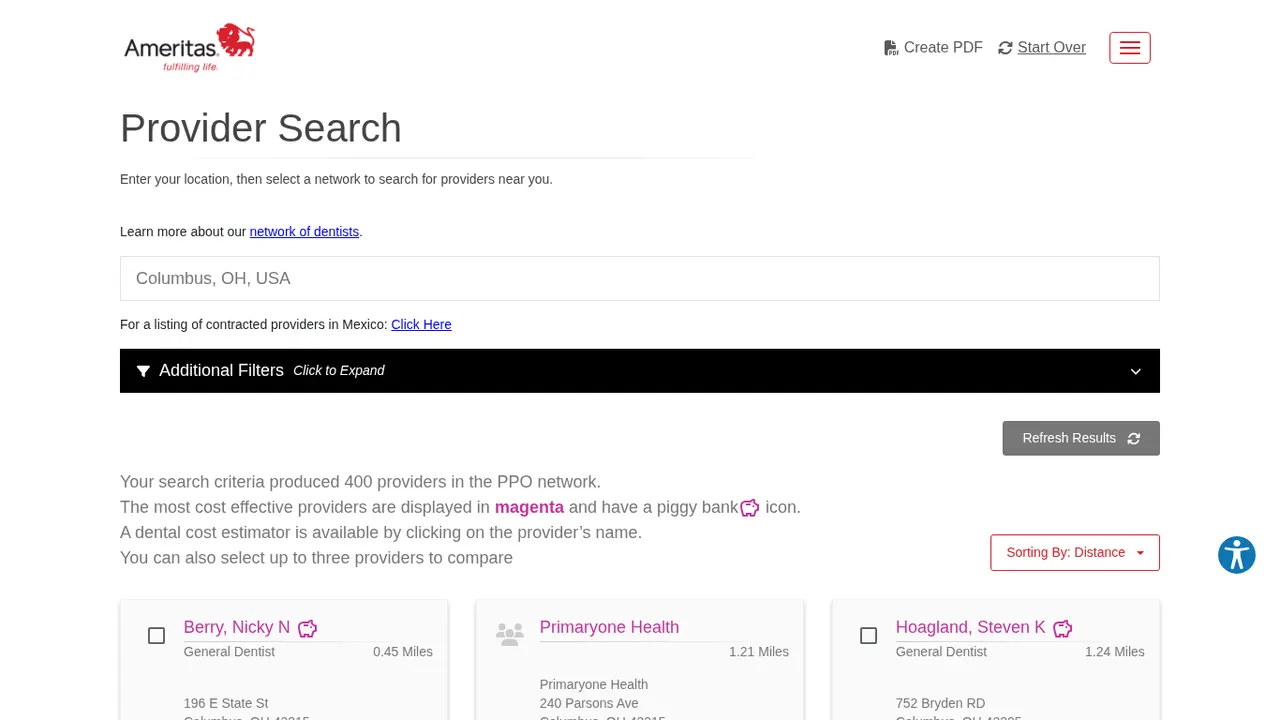 Search and review dentists near you (Ameritas website screenshot)