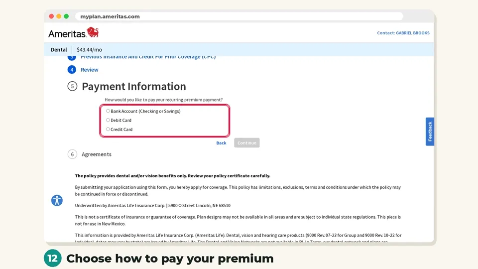 Choose how to pay (Ameritas website screenshot)