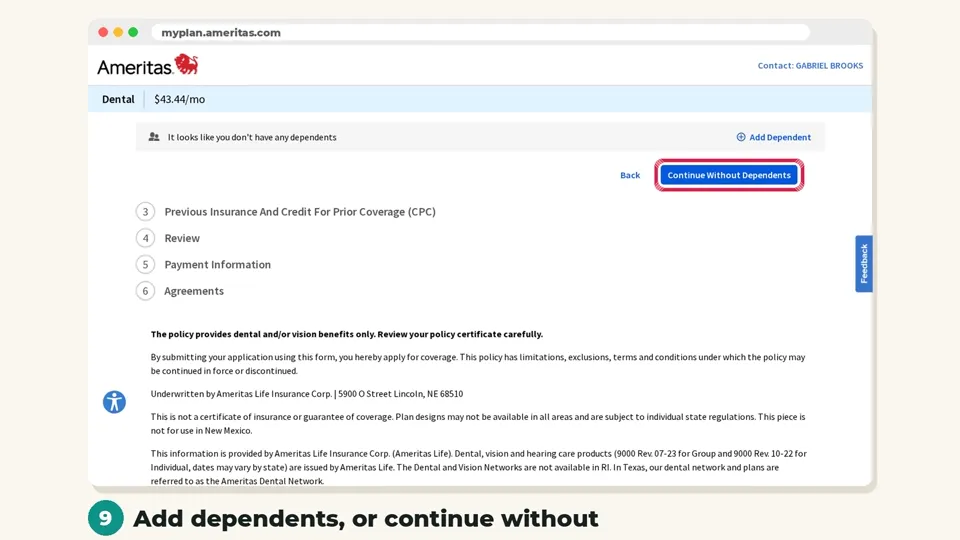 Add dependents (Ameritas website screenshot)